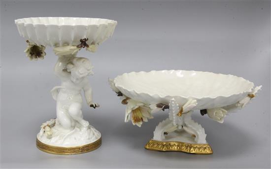 A Moore Bros white-glazed comport with cherub support and a tazza